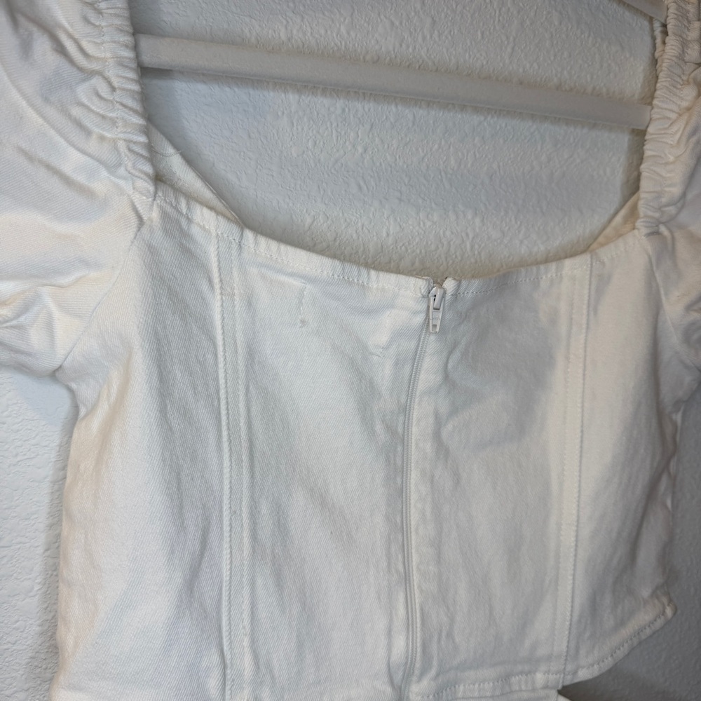 Windsor White Denim Cut Out Romper Small Puff Sleeve Casual Resort Vacation Chic - Picture 6 of 7